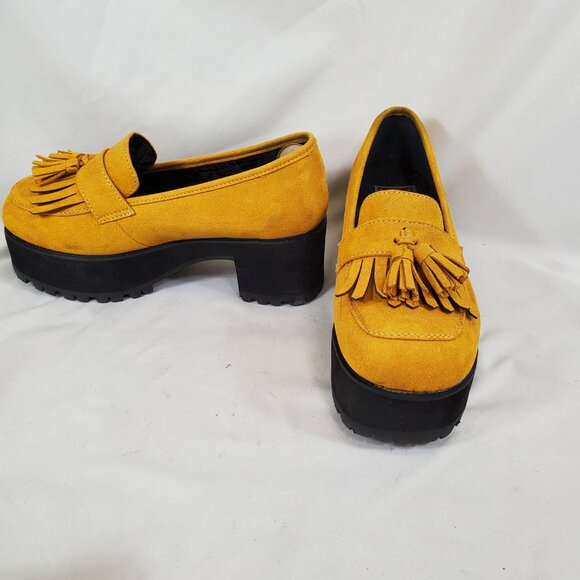 T.U.K. Mustard Faux Suede Fringe Loafer Platform TUK yellow - Picture 2 of 9